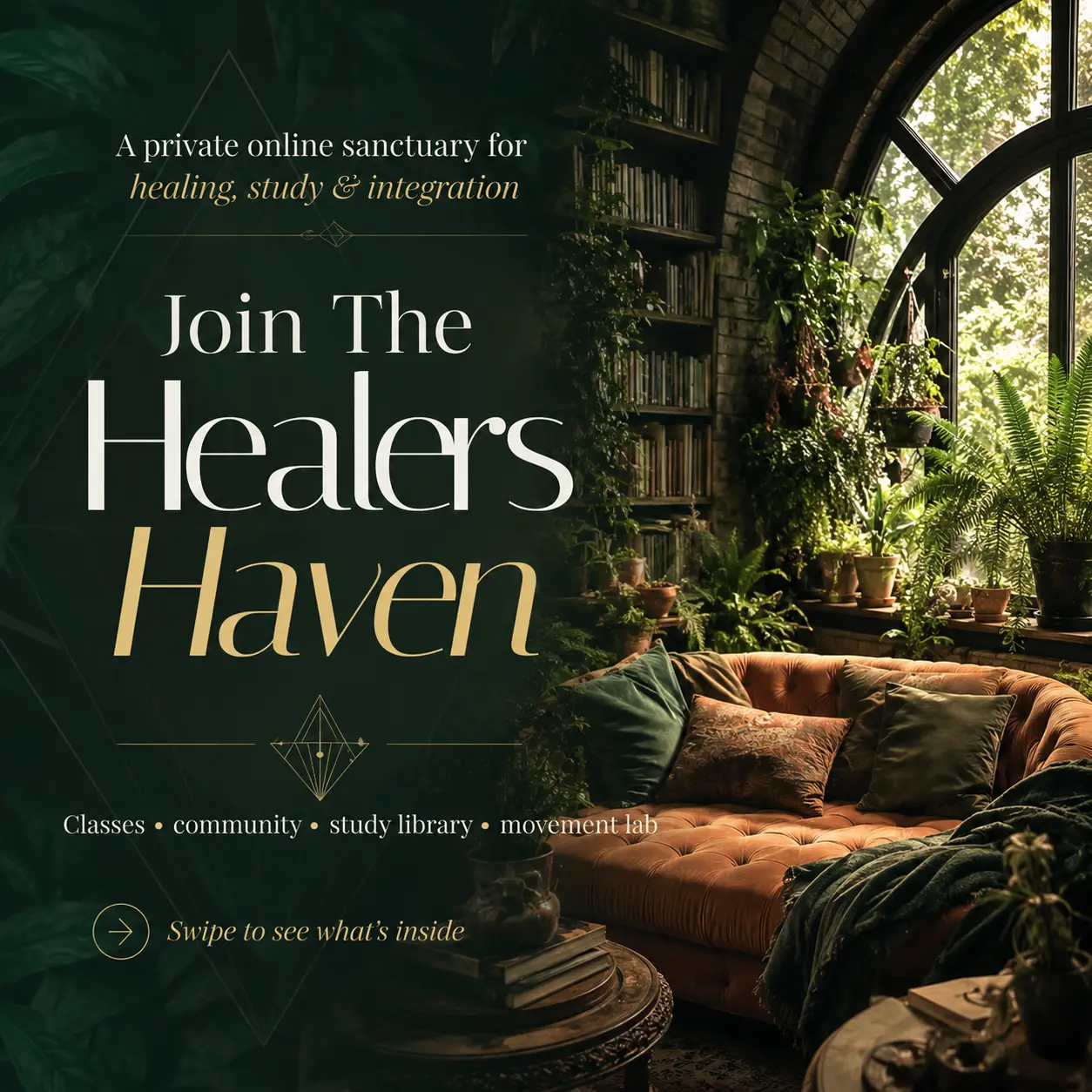 A sunlit conservatory reading room — the Healers Haven
